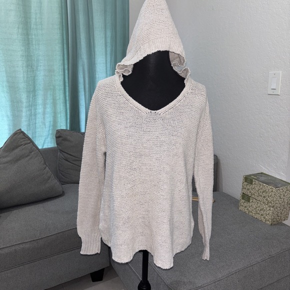 EILEEN FISHER Sweater M Linen Blend Hoodie Waffle Knit Pullover Beige - Picture 3 of 8